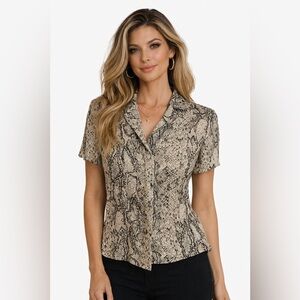 Vintage Y2K Ann Taylor Silk Snake Print Blouse Petite S Button Front 90s 2000s